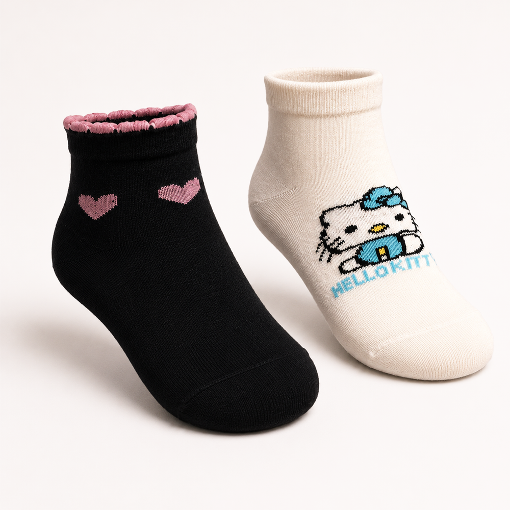 HAPPY FEET KIDS SOCKS - EGYPTIAN COTTON HEARTS & HELLO KITTY, 6-PACK